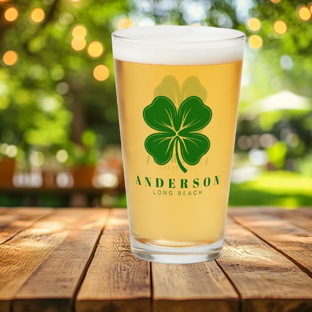 Irish Lucky Four Green Leaf Clover with Name Pint Glass (Creator Uploaded)