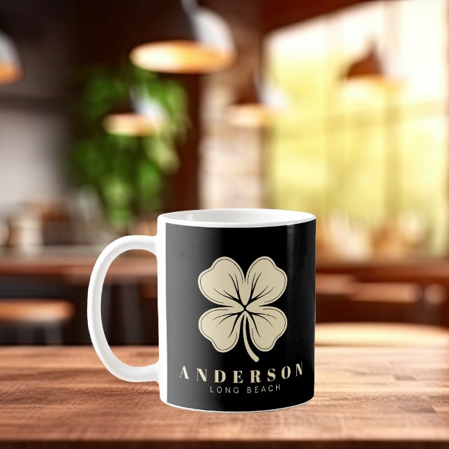 Irish Lucky Four Leaf Clover with Name Black Coffee Mug (Creator Uploaded)
