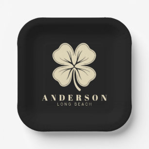 Irish Lucky Four Leaf Clover with Name Black Paper Plate