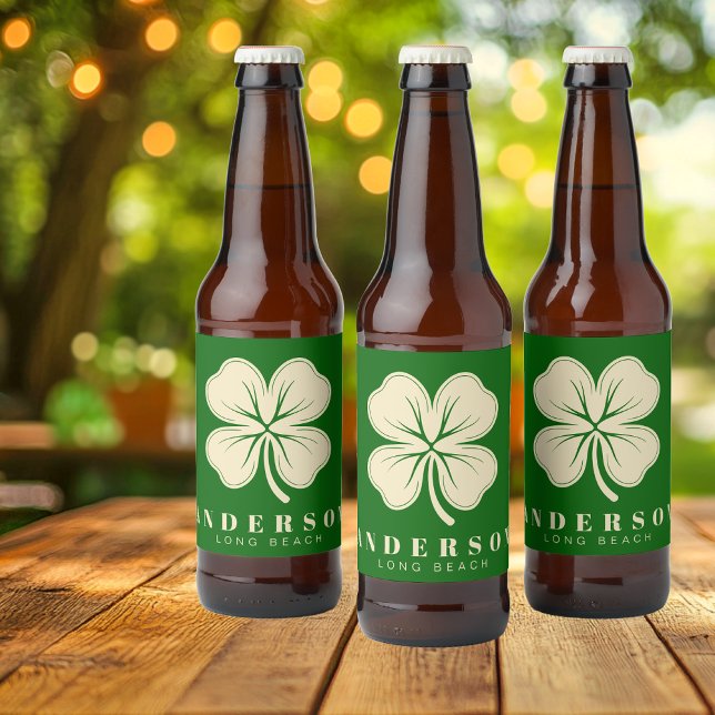 Irish Lucky Four Leaf Clover with Name Green Beer Bottle Label (Creator Uploaded)