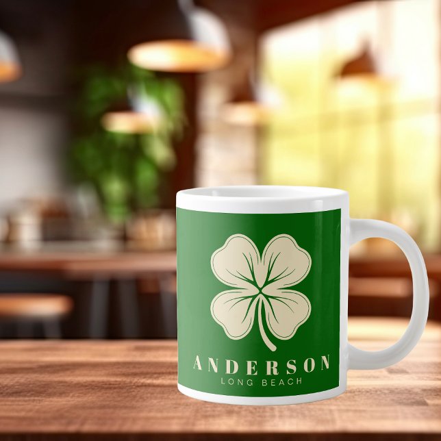 Irish Lucky Four Leaf Clover with Name Green Large Coffee Mug (Creator Uploaded)