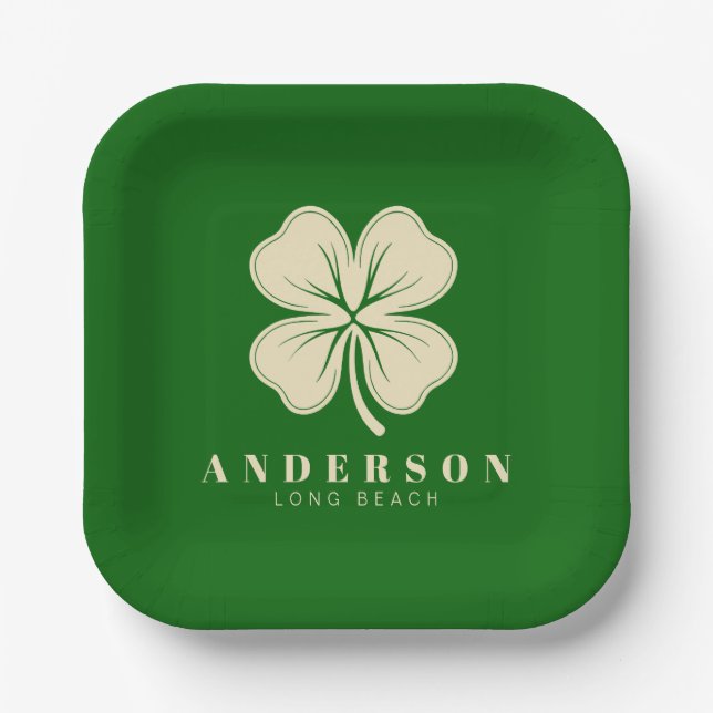 Irish Lucky Four Leaf Clover with Name Green Paper Plate (Front)