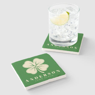 Irish Lucky Four Leaf Clover with Name Green Stone Coaster