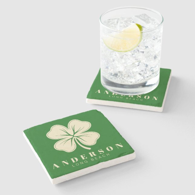 Irish Lucky Four Leaf Clover with Name Green Stone Coaster (Side)