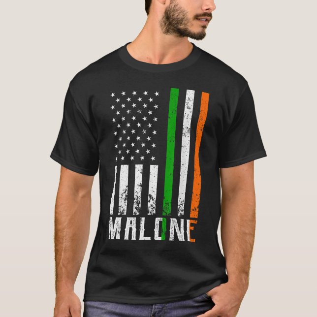 Irish MALONE Family American Flag Ireland Flag T-Shirt (Front)