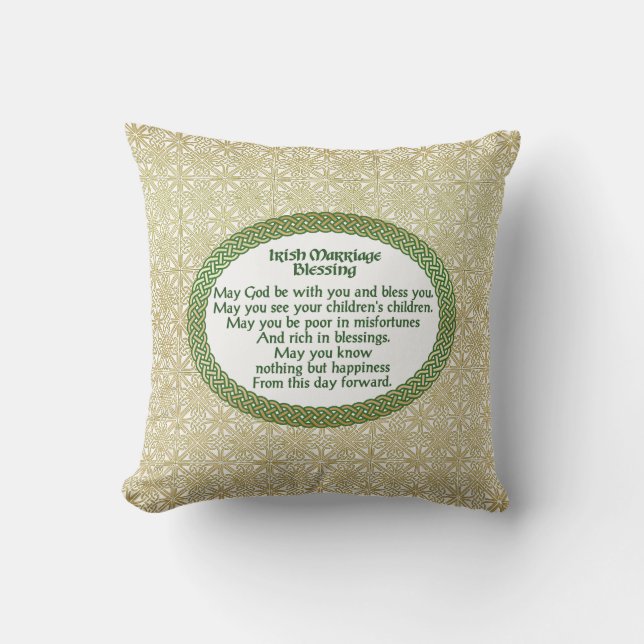 Irish Marriage Blessing, Gold & Green Wedding Outdoor Cushion (Front)