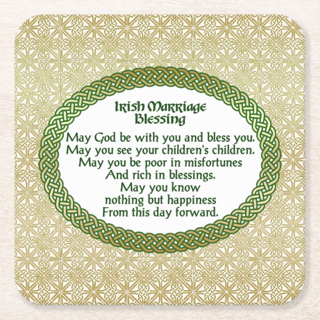 Irish Marriage Blessing, Gold & Green Wedding Square Paper Coaster (Front)