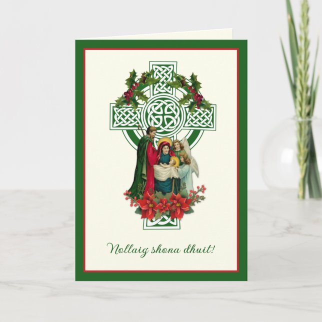 Irish Nativity Virgin Mary Jesus Poinsettias  Holi Holiday Card (Front)