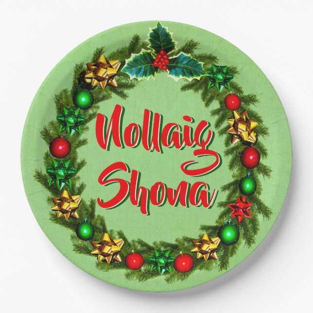 Irish Nollaig Shona Merry Christmas 9" Paper Plate (Front)