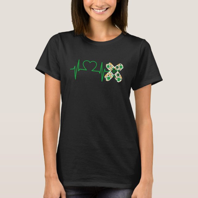 Irish Nurse Bandage Heartbeat Shamrock St Patricks T-Shirt (Front)
