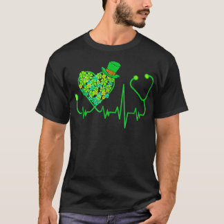 Irish Nurse Stethoscope Heartbeat Shamrock St Patr T-Shirt