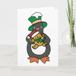 Irish Penguin Holding Christmas Teddy Bear Card