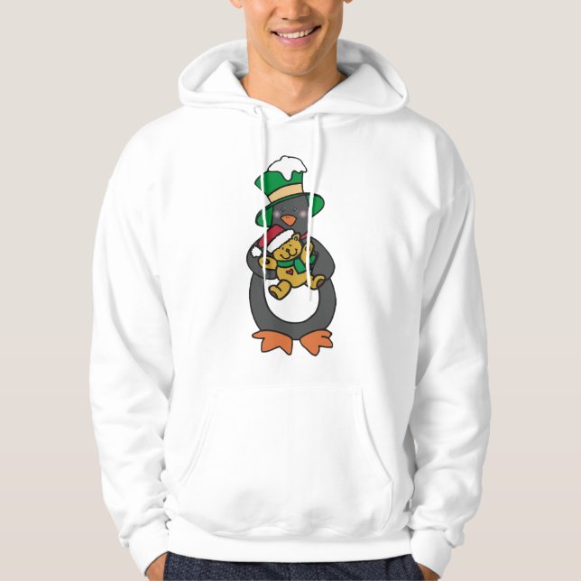 Irish Penguin Holding Christmas Teddy Bear Hoodie (Front)