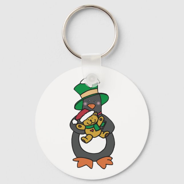 Irish Penguin Holding Christmas Teddy Bear Key Ring (Front)