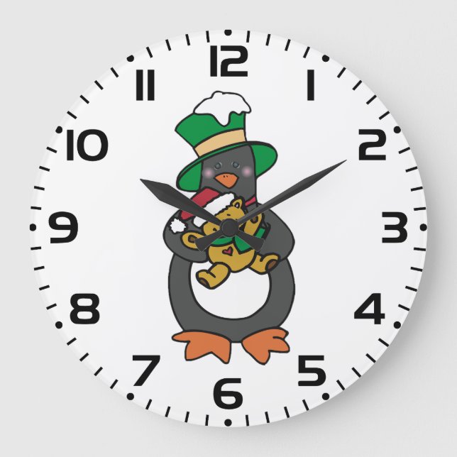 Irish Penguin Holding Christmas Teddy Bear Large Clock (Front)