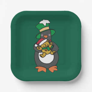 Irish Penguin Holding Christmas Teddy Bear Paper Plate