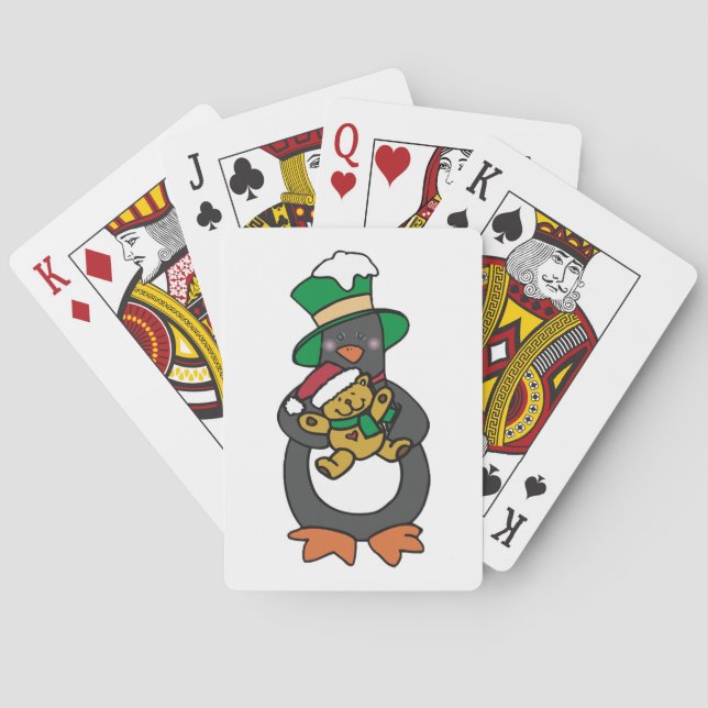Irish Penguin Holding Christmas Teddy Bear Playing Cards (Back)