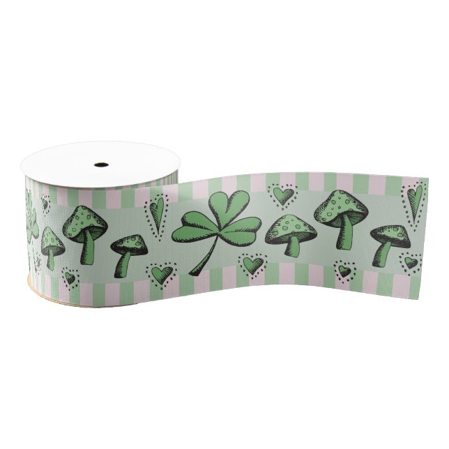 Irish Pink & Green Shamrocks Hearts & Mushrooms 3" Grosgrain Ribbon (Spool)