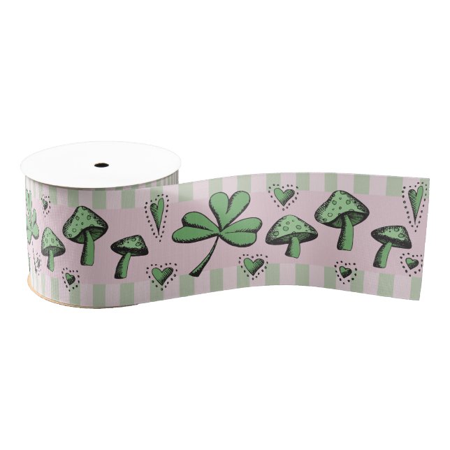 Irish Pink & Green Shamrocks Hearts & Mushrooms 3" Grosgrain Ribbon (Spool)