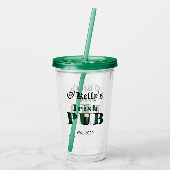 Irish Pub Bar Tavern Acrylic Tumbler Glasses w Lid (Back)
