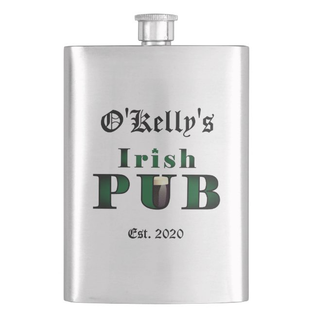 Irish Pub Bar Tavern Classic Stainless Steel Flask (Front)