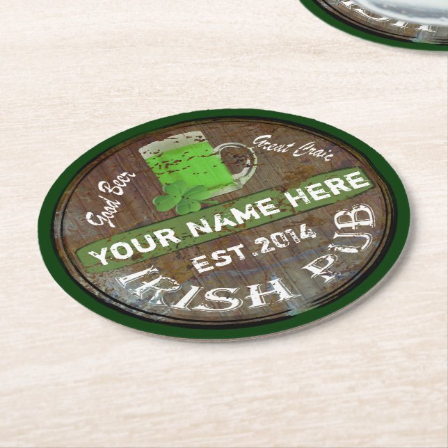 Irish pub beer barrel round paper coaster (Angled)