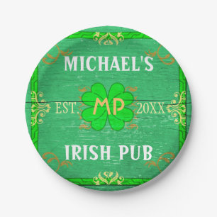 Irish Pub Sign St Patricks Bar Beer   Custom Name Paper Plate