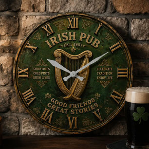 Irish Pub Vintage Celtic Harp Decor Rustic Large Clock