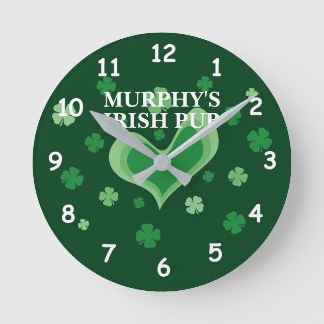 Irish pub wall clock with custom name and clovers (Front)