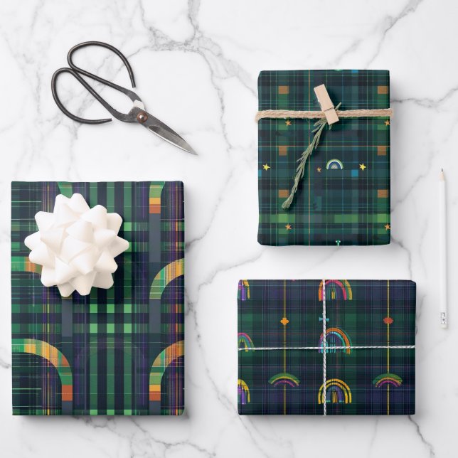 Irish Rainbow St. Patrick Tartan Plaid set 4 Wrapping Paper Sheet (Front)