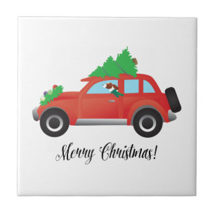 Irish Red and White Setter Driving Christmas Car Tile