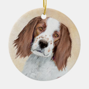 Irish Red and White Setter Painting - Original Art Ceramic Tree Decoration