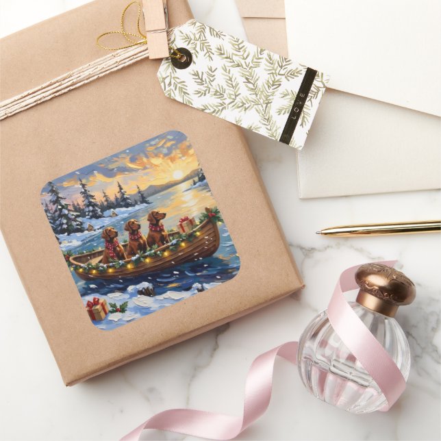 Irish Red Setter Christmas Boat Holiday Square Sticker (Gifting)