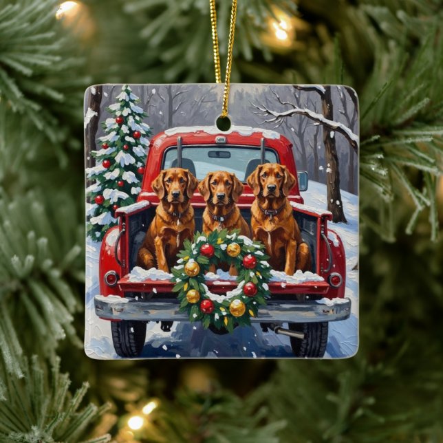 Irish Red Setter Christmas Red Truck Holiday Ceramic Ornament (Tree)