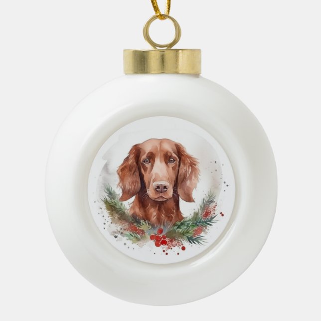 Irish Red Setter Christmas Wreath Festive Pup  Ceramic Ball Christmas Ornament (Front)