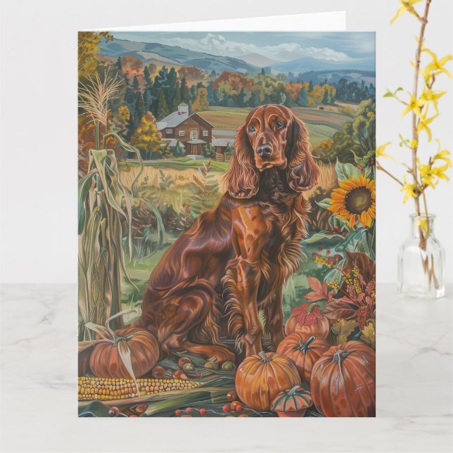 Irish Red Setter Dog Autumn Harvest Thanksgiving Card (Yellow Flower)