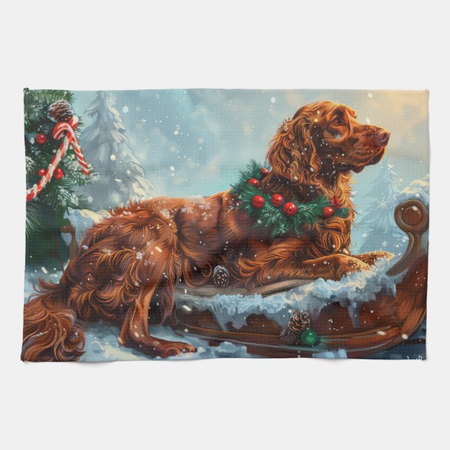 Irish Red Setter Dog Christmas Festive Tea Towel (Horizontal)