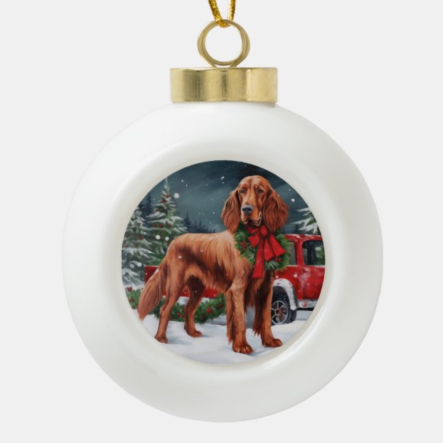 Irish Red Setter Dog in Snow Christmas Ceramic Ball Christmas Ornament (Front)