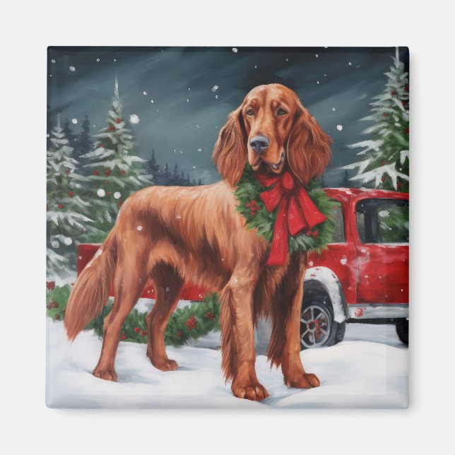 Irish Red Setter Dog in Snow Christmas Magnet (Front)