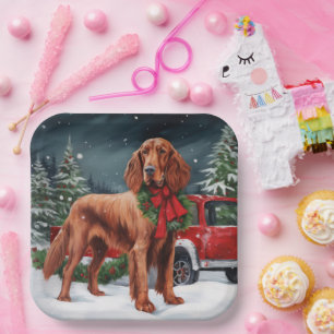 Irish Red Setter Dog in Snow Christmas Paper Plate