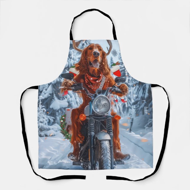 Irish Red Setter Dog Riding Motorcycle Christmas Apron (Front)