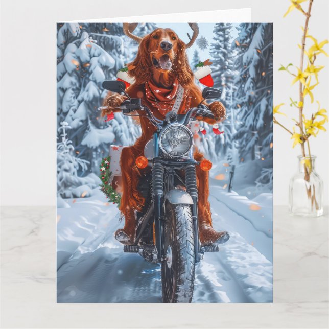 Irish Red Setter Dog Riding Motorcycle Christmas Card (Yellow Flower)