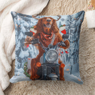 Irish Red Setter Dog Riding Motorcycle Christmas Cushion