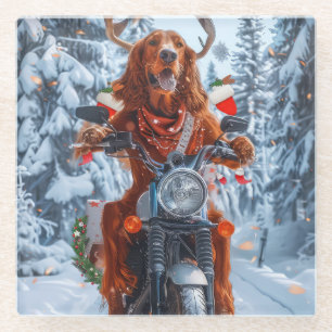 Irish Red Setter Dog Riding Motorcycle Christmas Glass Coaster