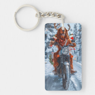 Irish Red Setter Dog Riding Motorcycle Christmas Key Ring