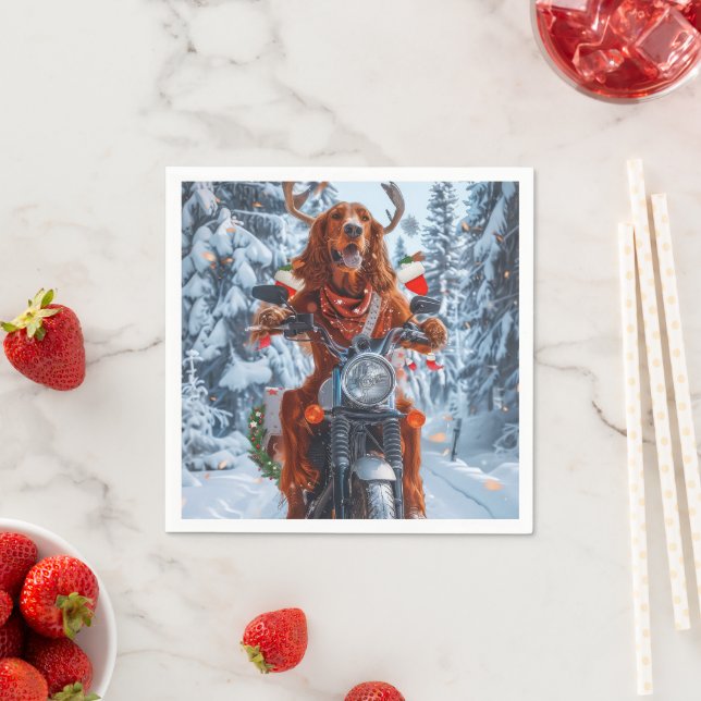 Irish Red Setter Dog Riding Motorcycle Christmas Napkin (Insitu)