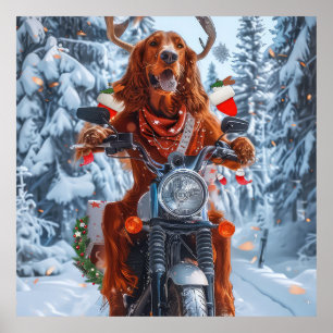 Irish Red Setter Dog Riding Motorcycle Christmas Poster