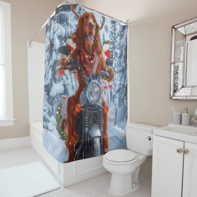 Irish Red Setter Dog Riding Motorcycle Christmas Shower Curtain (In Situ)