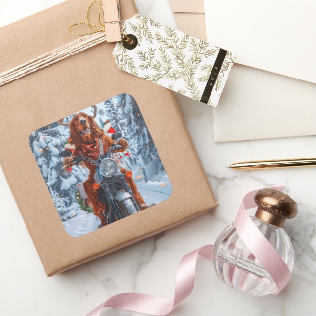 Irish Red Setter Dog Riding Motorcycle Christmas Square Sticker (Gifting)