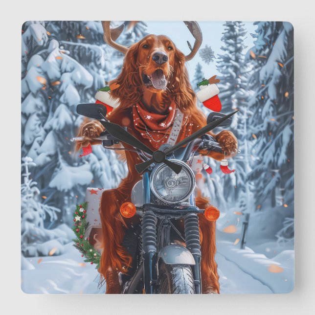 Irish Red Setter Dog Riding Motorcycle Christmas Square Wall Clock (Front)